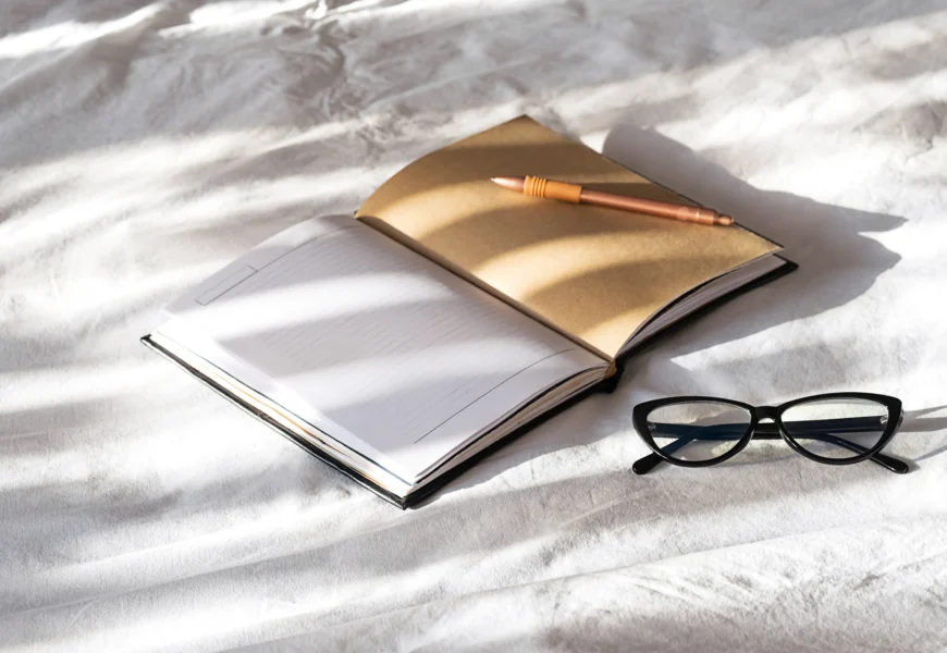 open-notebook-pen-and-eyeglasses-on-white